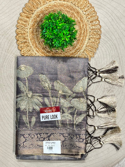 SHAGUN FASHION Premium Pure Look Shimmer Organza Saree with  Floral Border and Traditional Latkan