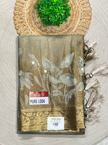 SHAGUN FASHION Premium Pure Look Shimmer Organza Saree with  Floral Border and Traditional Latkan