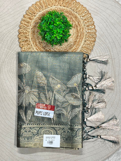 SHAGUN FASHION Premium Pure Look Shimmer Organza Saree with  Floral Border and Traditional Latkan