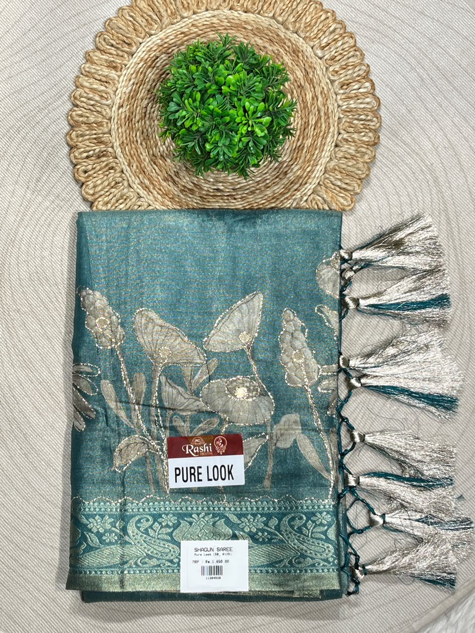 SHAGUN FASHION Premium Pure Look Shimmer Organza Saree with  Floral Border and Traditional Latkan
