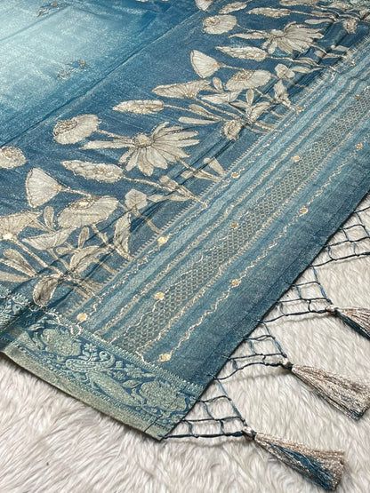 SHAGUN FASHION Premium Pure Look Shimmer Organza Saree with  Floral Border and Traditional Latkan