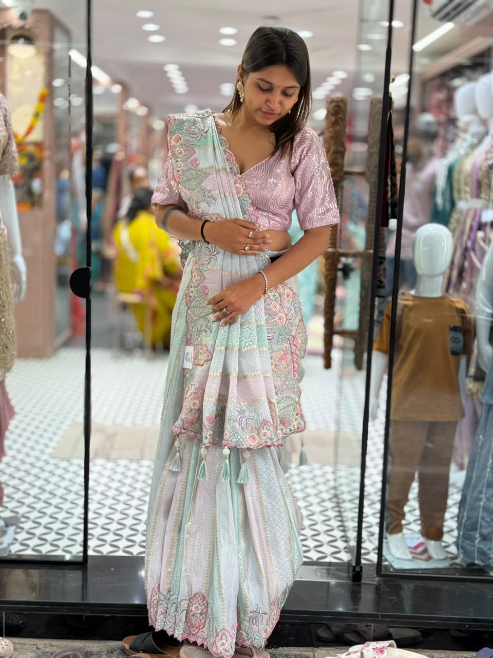 SHAGUN FASHION Beautiful Multi-Color Pastel Silk Saree with Heavy Cutwork Border and Sequined Blouse