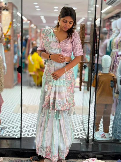 SHAGUN FASHION Beautiful Multi-Color Pastel Silk Saree with Heavy Cutwork Border and Sequined Blouse
