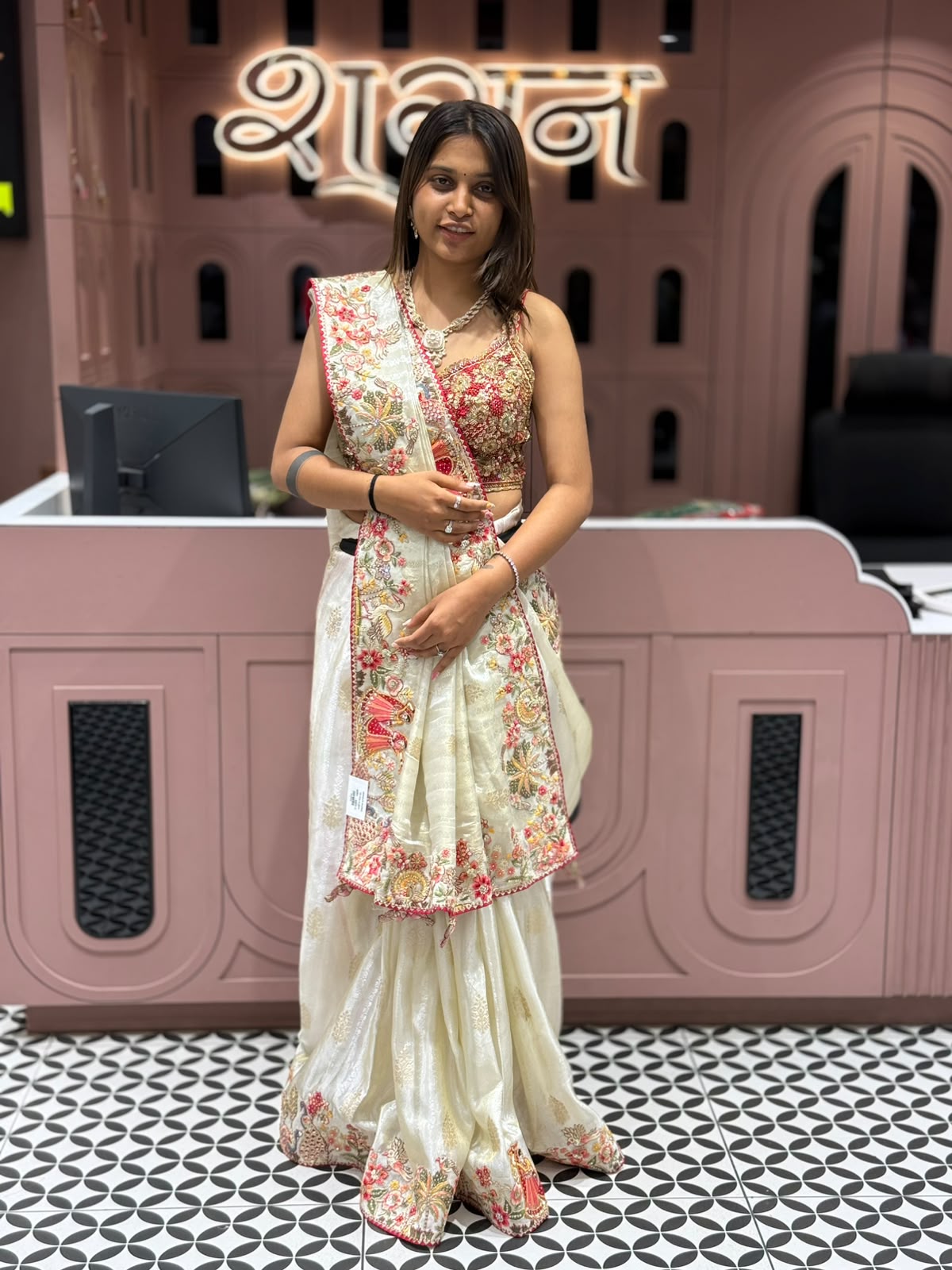 SHAGUN FASHION Royal Off-White Shimmer Silk Saree with Heavy Bridal Border and Full Heavy Embroidered Blouse