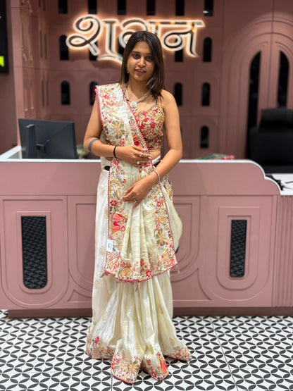 SHAGUN FASHION Royal Off-White Shimmer Silk Saree with Heavy Bridal Border and Full Heavy Embroidered Blouse