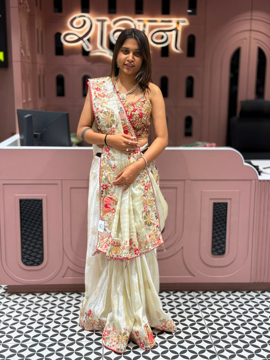 SHAGUN FASHION Royal Off-White Shimmer Silk Saree with Heavy Bridal Border and Full Heavy Embroidered Blouse