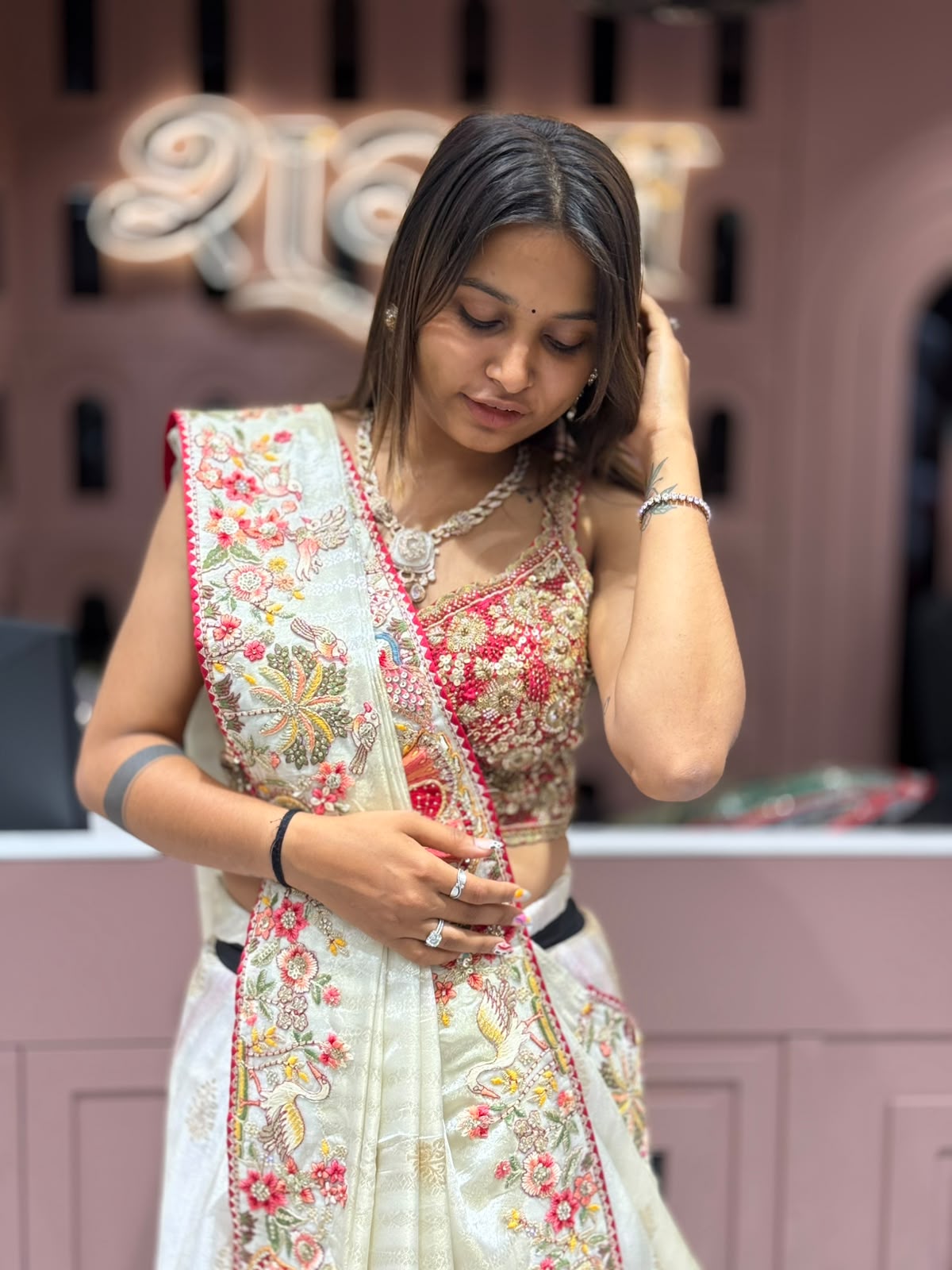 SHAGUN FASHION Royal Off-White Shimmer Silk Saree with Heavy Bridal Border and Full Heavy Embroidered Blouse