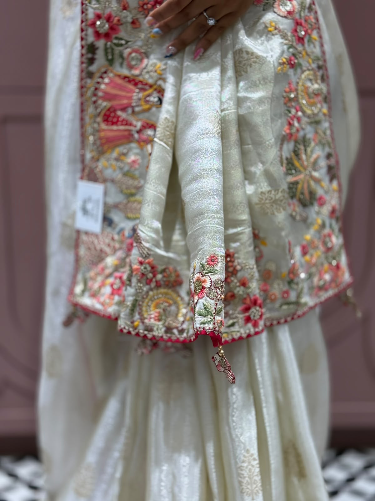 SHAGUN FASHION Royal Off-White Shimmer Silk Saree with Heavy Bridal Border and Full Heavy Embroidered Blouse