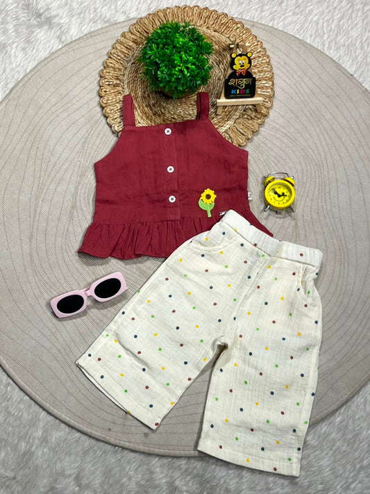 SHAGUN FASHION Cute Kids Girl Summer Co-Ord Set – Maroon Strappy Ruffle Top with Sunflower Patch and Colorful Polka Dot Pants