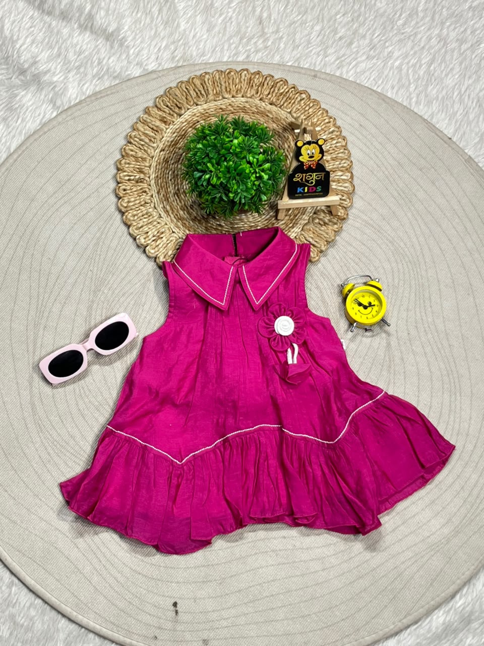 SHAGUN FASHION Cute Kids Girl Festive Cotton Frock – Bright Sleeveless Dress with Big Collar and Fancy Flower Brooch