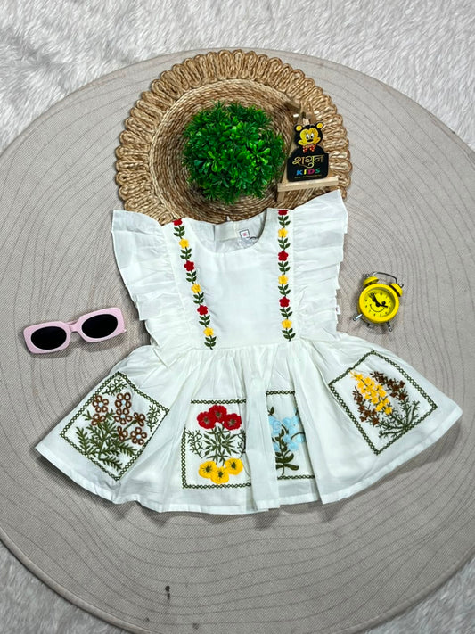 SHAGUN FASHION Beautiful Kids Girl White Butterfly Sleeve Frock – Festive Cotton Dress with Colorful Floral Garden Embroidery