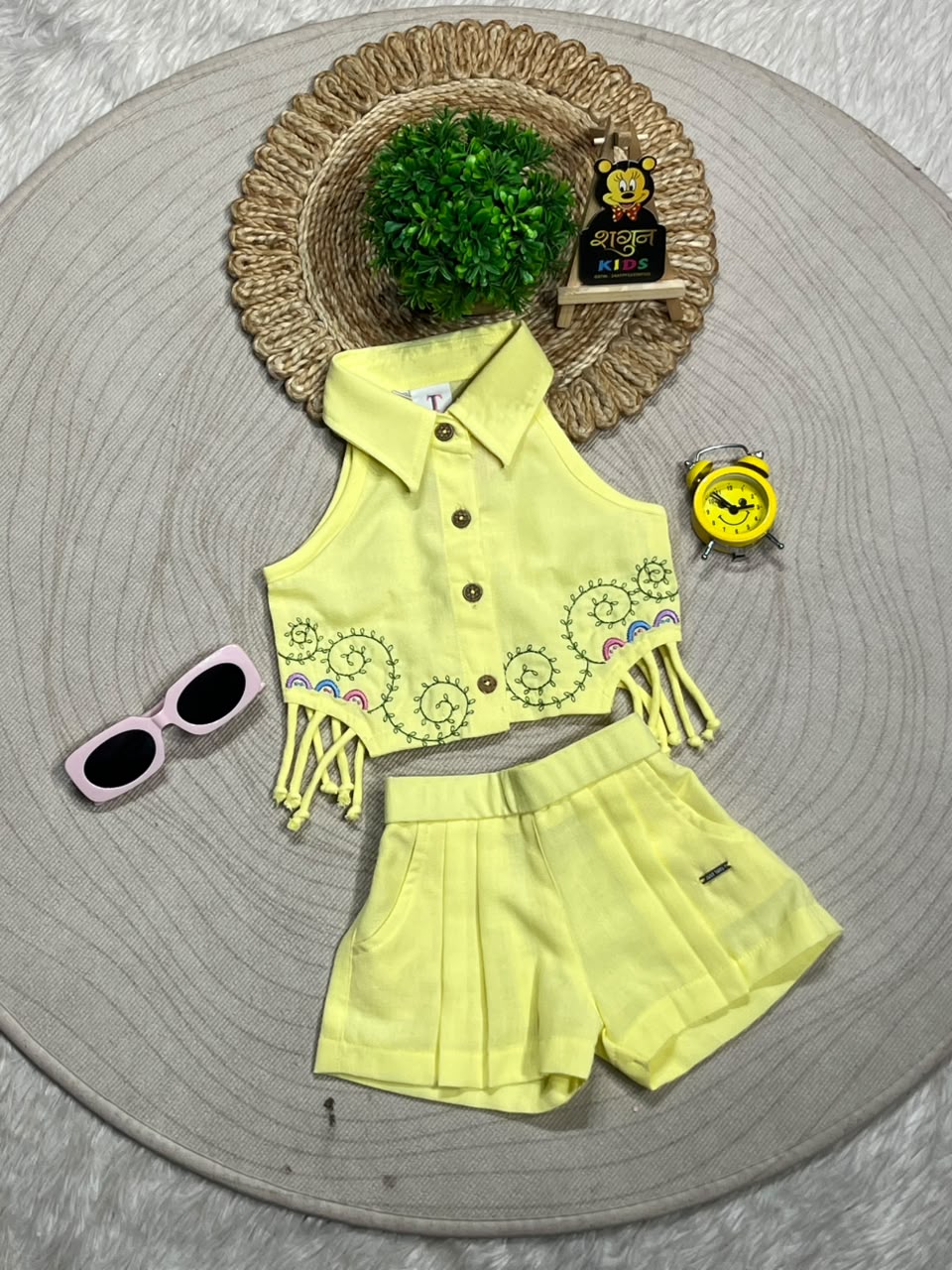 SHAGUN FASHION Trendy Kids Girl Summer Crop Top & Shorts Set – Bright Yellow Sleeveless Shirt with Fun Bottom Fringe & Pleated Shorts