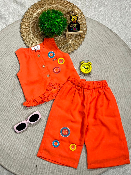 SHAGUN FASHION Premium Kids Girl Summer Co-Ord Set – Bright Orange Sleeveless Buttoned Top and Palazzo Pants with Fancy Traditional Mirror-Look Ring Patches