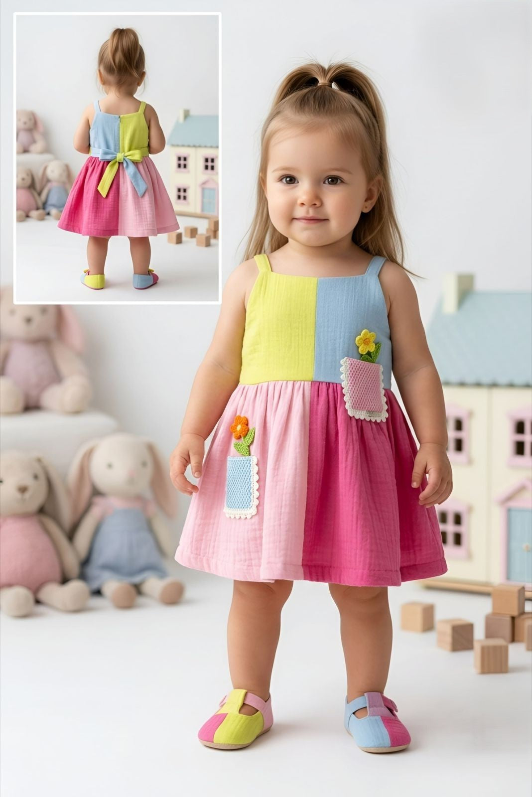 SHAGUN FASHION Cute Toddler Girl Colorful Pastel Block Cotton Frock – Multi-Color Summer Dress with Lovely Pocket Flower Detailing and Back Bow Tie