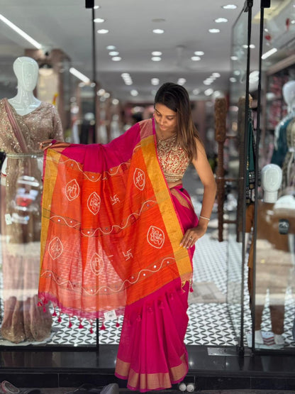 SHAGUN FASHION Festive Pink & Orange Tussar Silk Saree with Mirror Work
