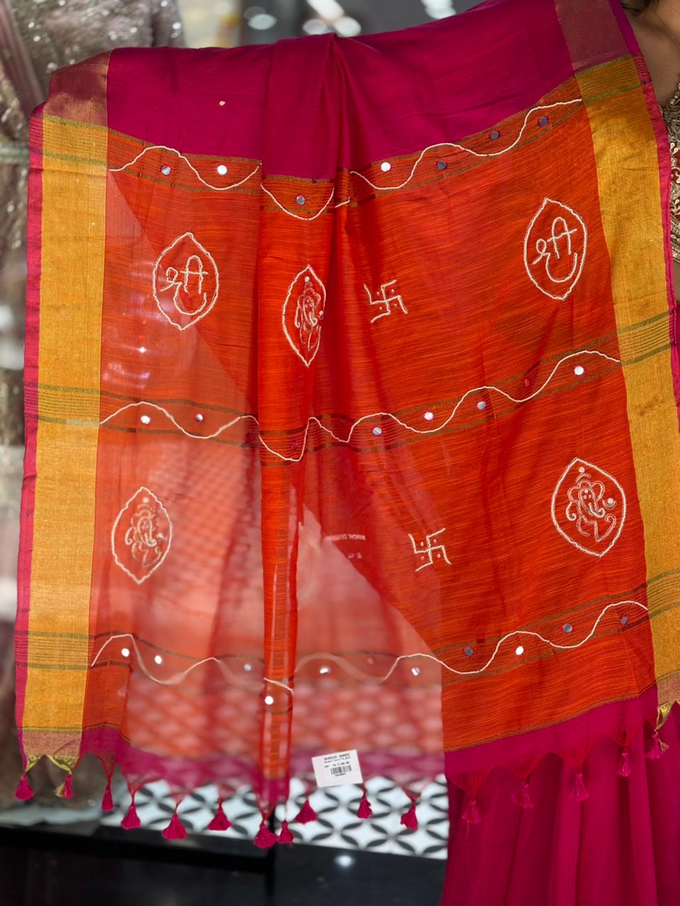 SHAGUN FASHION Festive Pink & Orange Tussar Silk Saree with Mirror Work