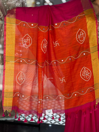 SHAGUN FASHION Festive Pink & Orange Tussar Silk Saree with Mirror Work