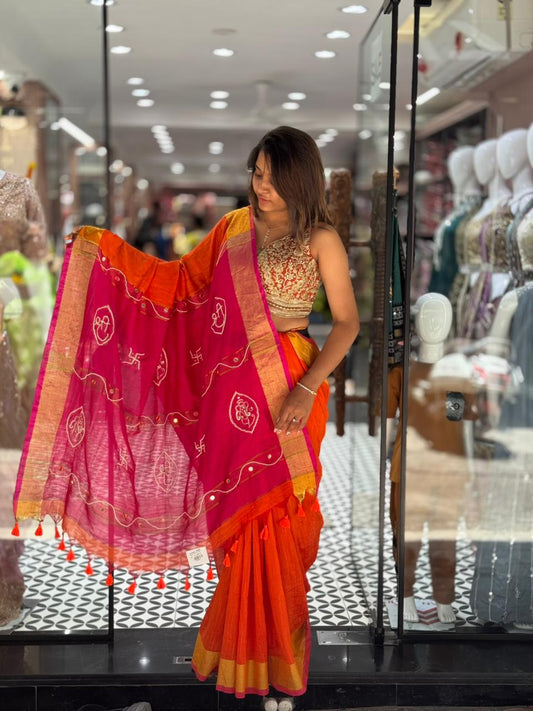 SHAGUN FASHION Festive Pink & Orange Tussar Silk Saree with Mirror Work