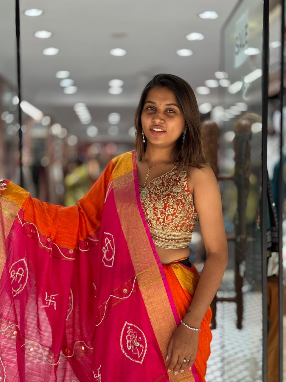 SHAGUN FASHION Festive Pink & Orange Tussar Silk Saree with Mirror Work
