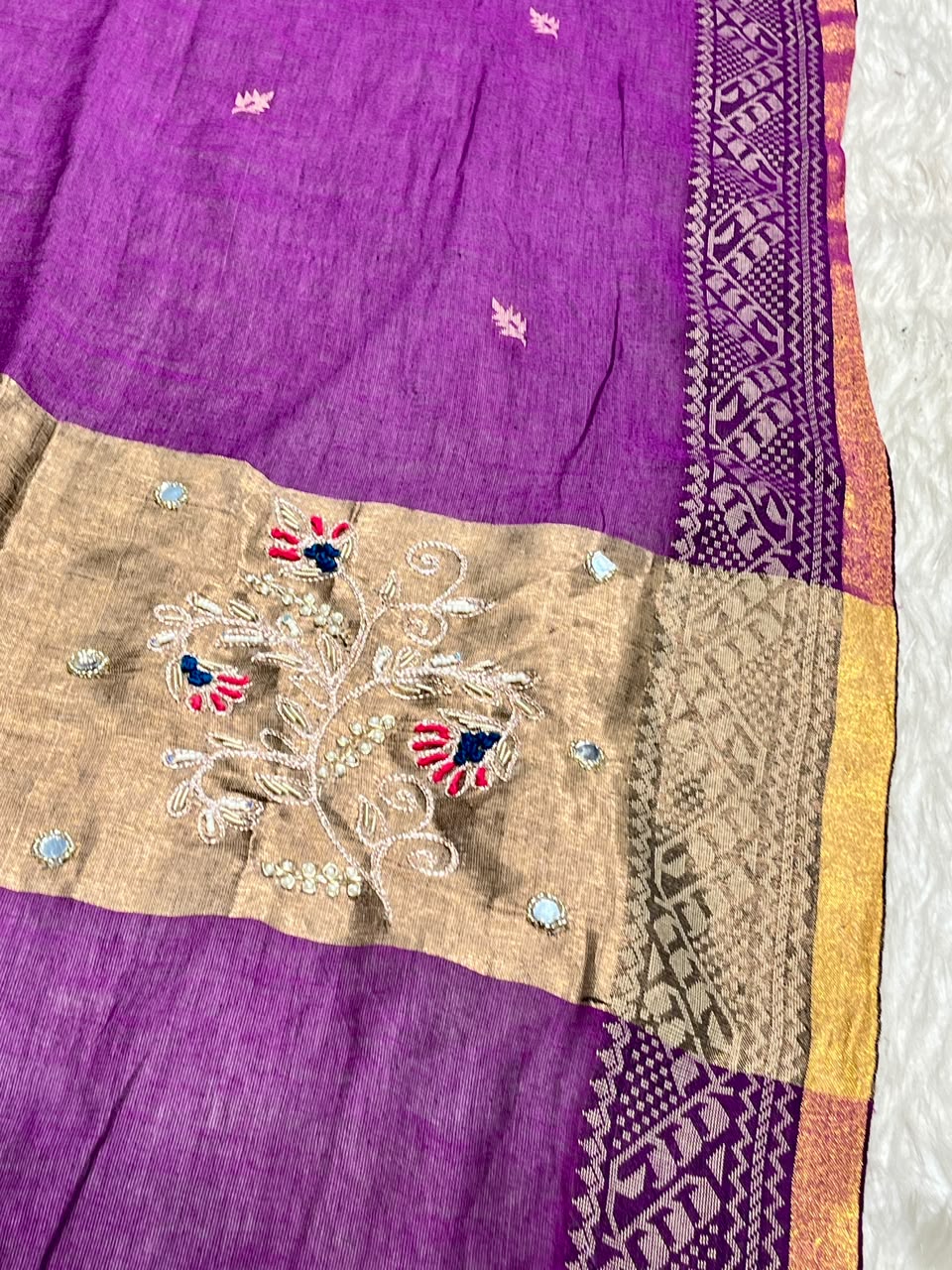SHAGUN FASHION Beautiful Cotton Linen Saree with Rich Zari Border & Fancy Embroidery Work