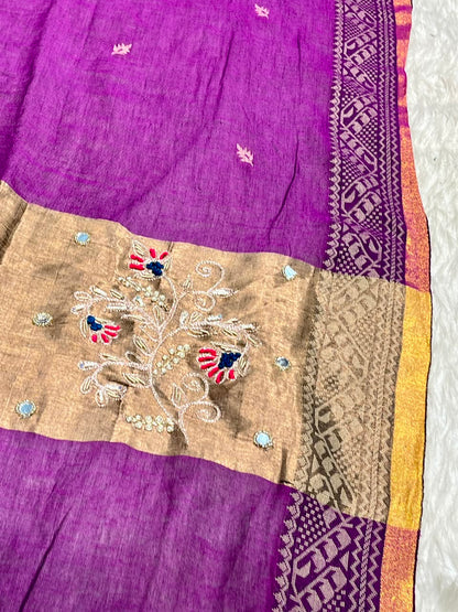 SHAGUN FASHION Beautiful Cotton Linen Saree with Rich Zari Border & Fancy Embroidery Work