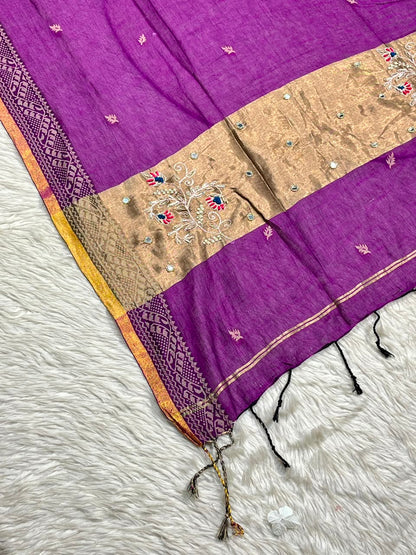 SHAGUN FASHION Beautiful Cotton Linen Saree with Rich Zari Border & Fancy Embroidery Work
