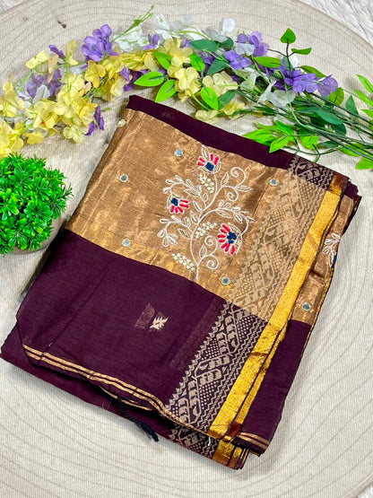 SHAGUN FASHION Beautiful Cotton Linen Saree with Rich Zari Border & Fancy Embroidery Work