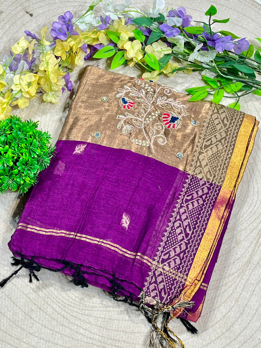 SHAGUN FASHION Beautiful Cotton Linen Saree with Rich Zari Border & Fancy Embroidery Work