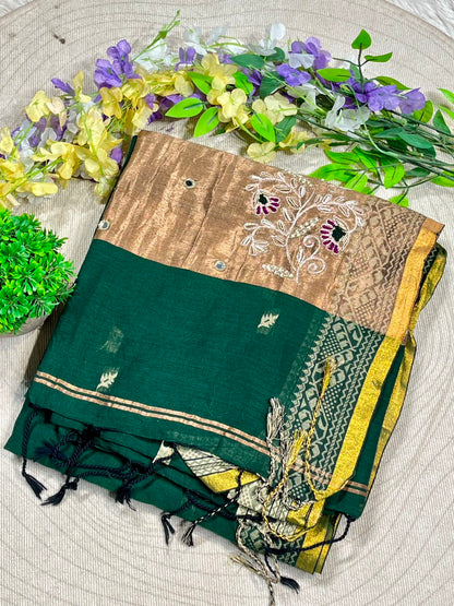 SHAGUN FASHION Beautiful Cotton Linen Saree with Rich Zari Border & Fancy Embroidery Work