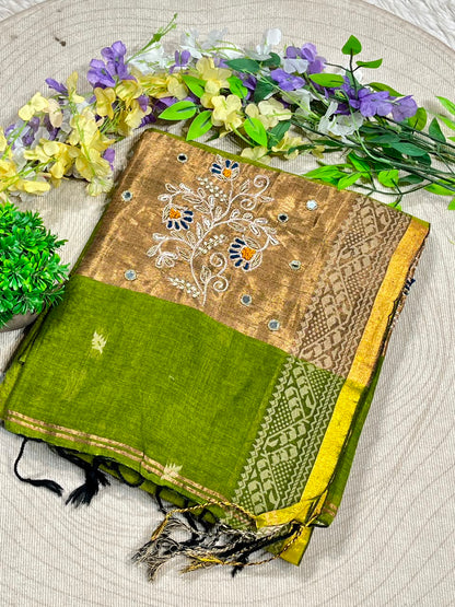 SHAGUN FASHION Beautiful Cotton Linen Saree with Rich Zari Border & Fancy Embroidery Work