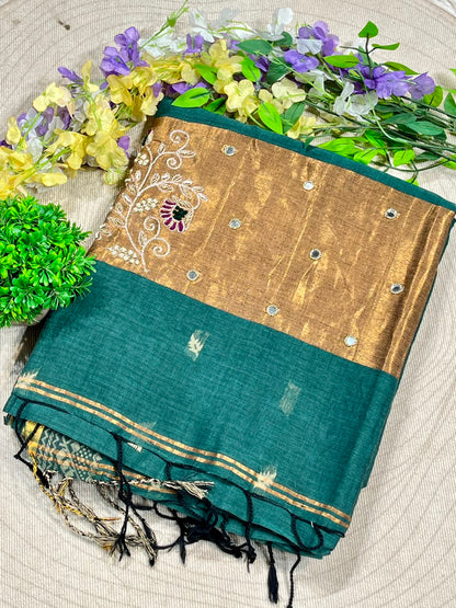 SHAGUN FASHION Beautiful Cotton Linen Saree with Rich Zari Border & Fancy Embroidery Work