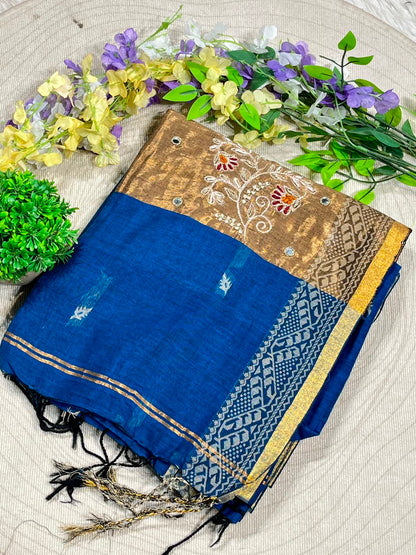 SHAGUN FASHION Beautiful Cotton Linen Saree with Rich Zari Border & Fancy Embroidery Work