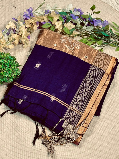 SHAGUN FASHION Beautiful Cotton Linen Saree with Rich Zari Border & Fancy Embroidery Work
