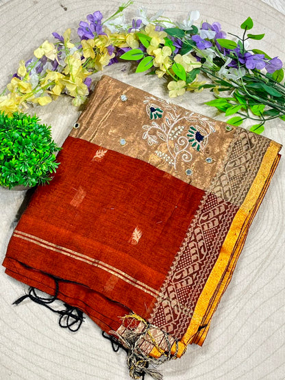 SHAGUN FASHION Beautiful Cotton Linen Saree with Rich Zari Border & Fancy Embroidery Work