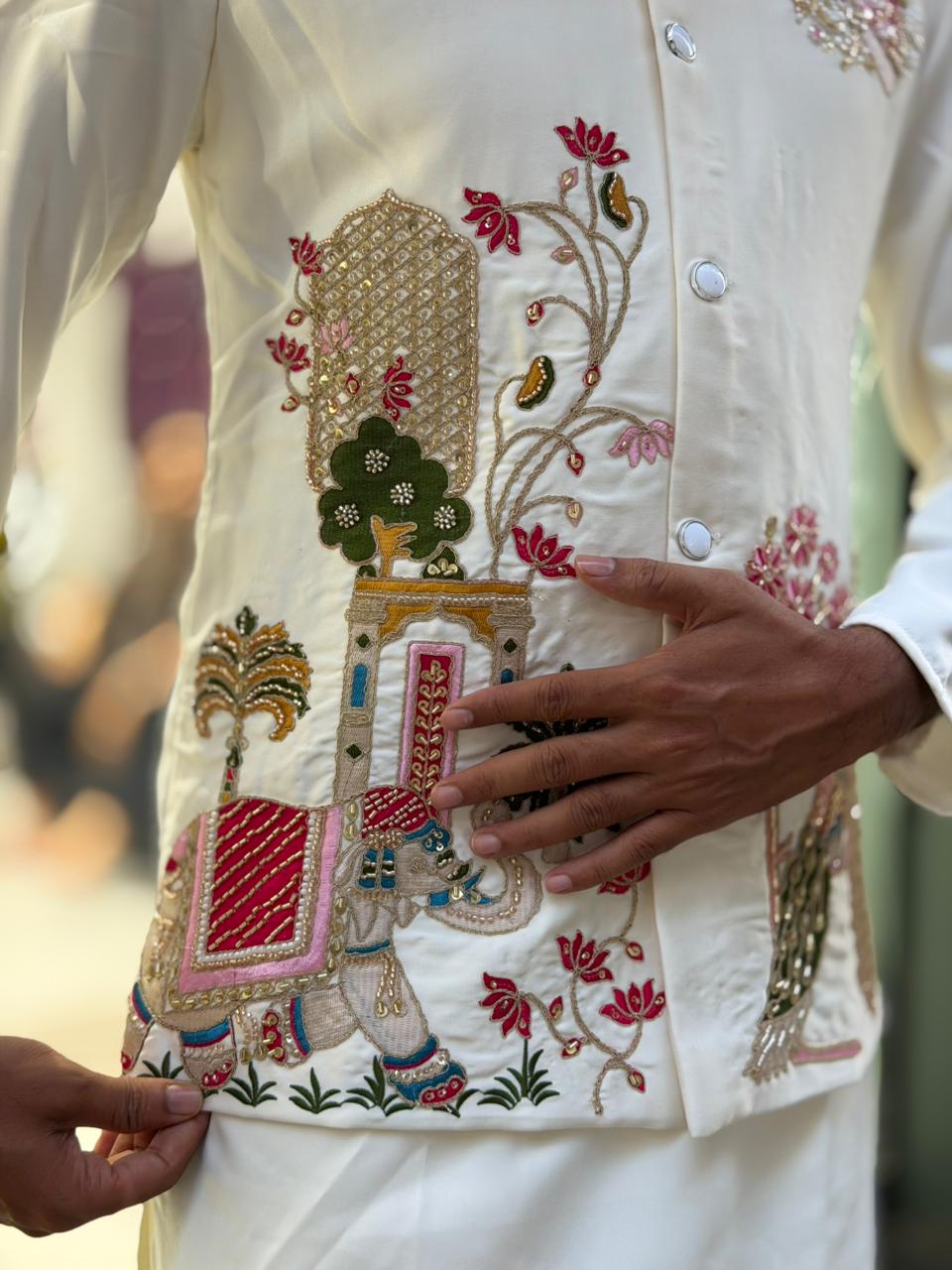 Shagun Fashion White Traditional Koti Kurta Set with Beautiful Radha Krishna & Pichwai Embroidery