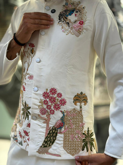 Shagun Fashion White Traditional Koti Kurta Set with Beautiful Radha Krishna & Pichwai Embroidery