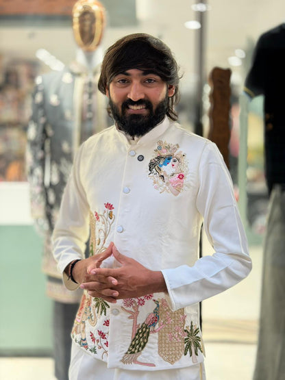 Shagun Fashion White Traditional Koti Kurta Set with Beautiful Radha Krishna & Pichwai Embroidery