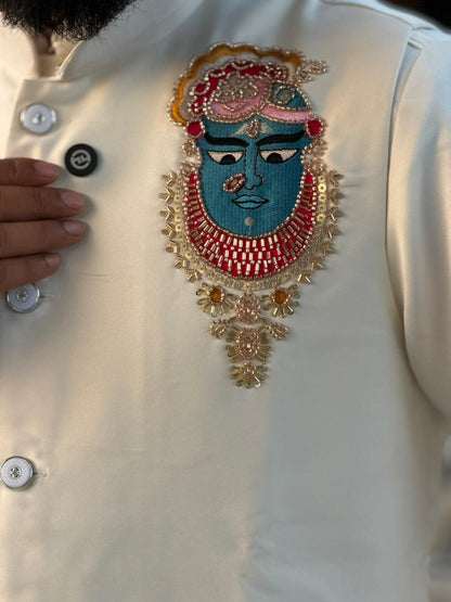 Shagun Fashion Royal White Shrinathji Koti Kurta Set with Designer Embroidery and Matching Stole
