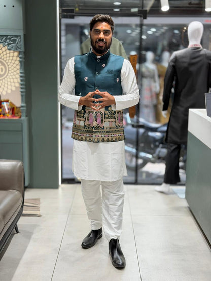 SHAGUN FASHION Exclusive Men's Traditional White Kurta Pajama Set with Premium Designer Embroidered Koti