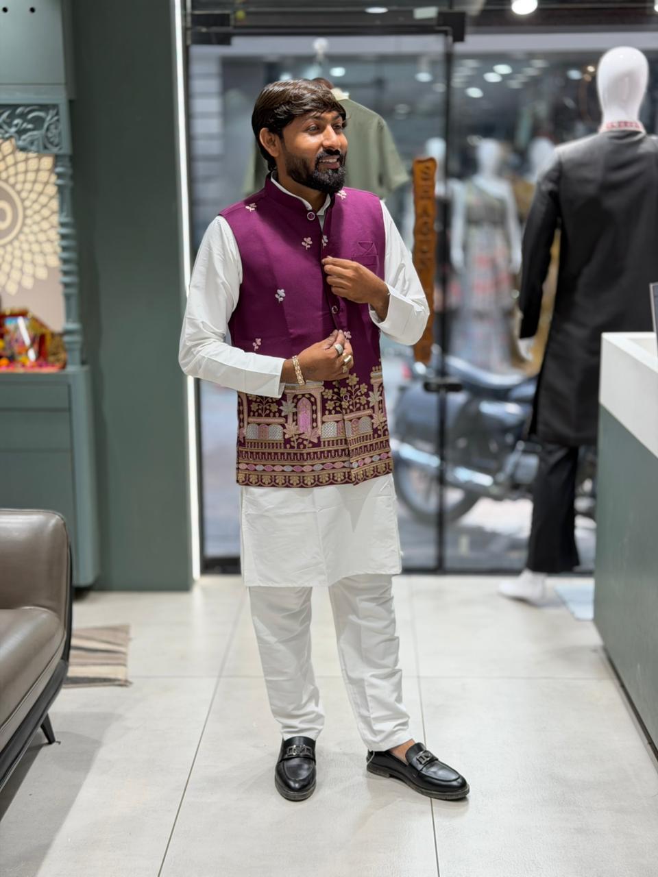 SHAGUN FASHION Exclusive Men's Traditional White Kurta Pajama Set with Premium Designer Embroidered Koti