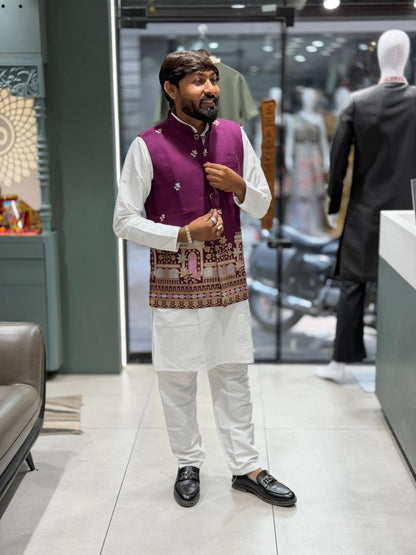SHAGUN FASHION Exclusive Men's Traditional White Kurta Pajama Set with Premium Designer Embroidered Koti