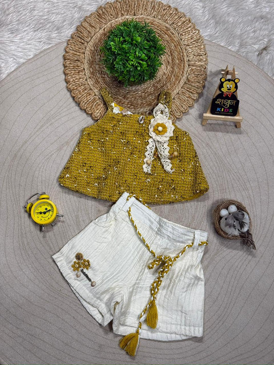 SHAGUN FASHION Cute Mustard Yellow Crochet Top and White Shorts Set for Girls