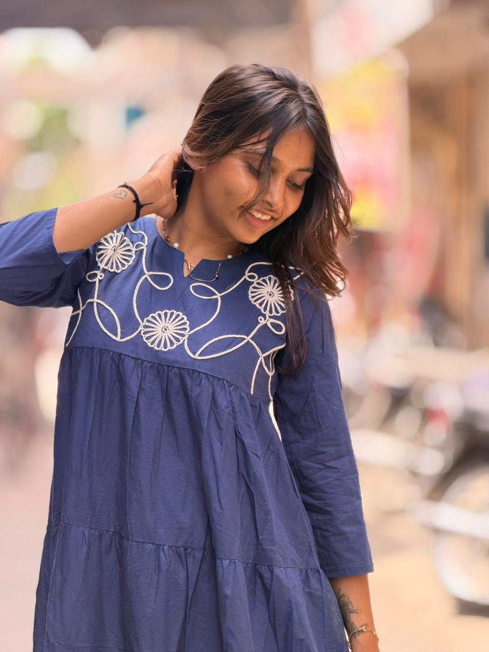 SHAGUN FASHION Cotton Tiered Long Dress with Beautiful Neck Embroidery