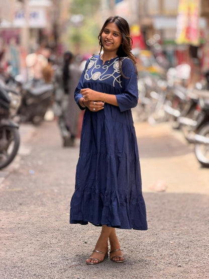 SHAGUN FASHION Cotton Tiered Long Dress with Beautiful Neck Embroidery