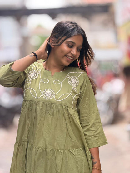 SHAGUN FASHION Cotton Tiered Long Dress with Beautiful Neck Embroidery