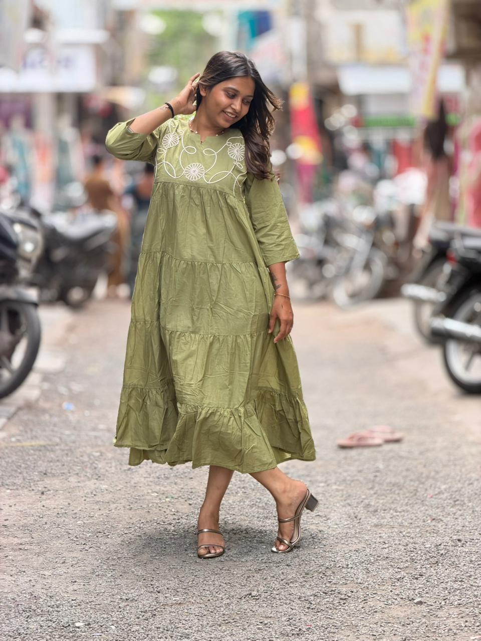 SHAGUN FASHION Cotton Tiered Long Dress with Beautiful Neck Embroidery
