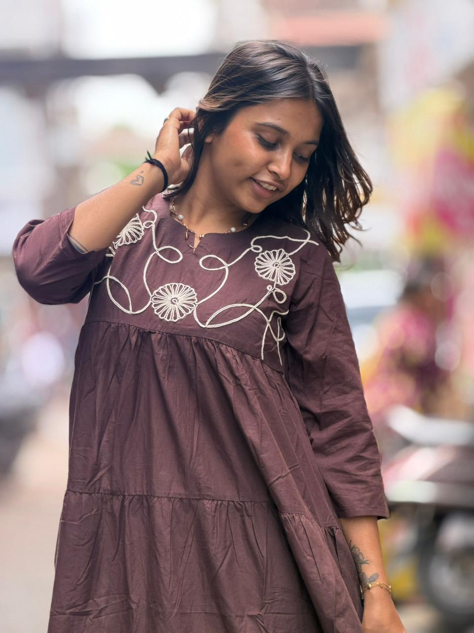 SHAGUN FASHION Cotton Tiered Long Dress with Beautiful Neck Embroidery