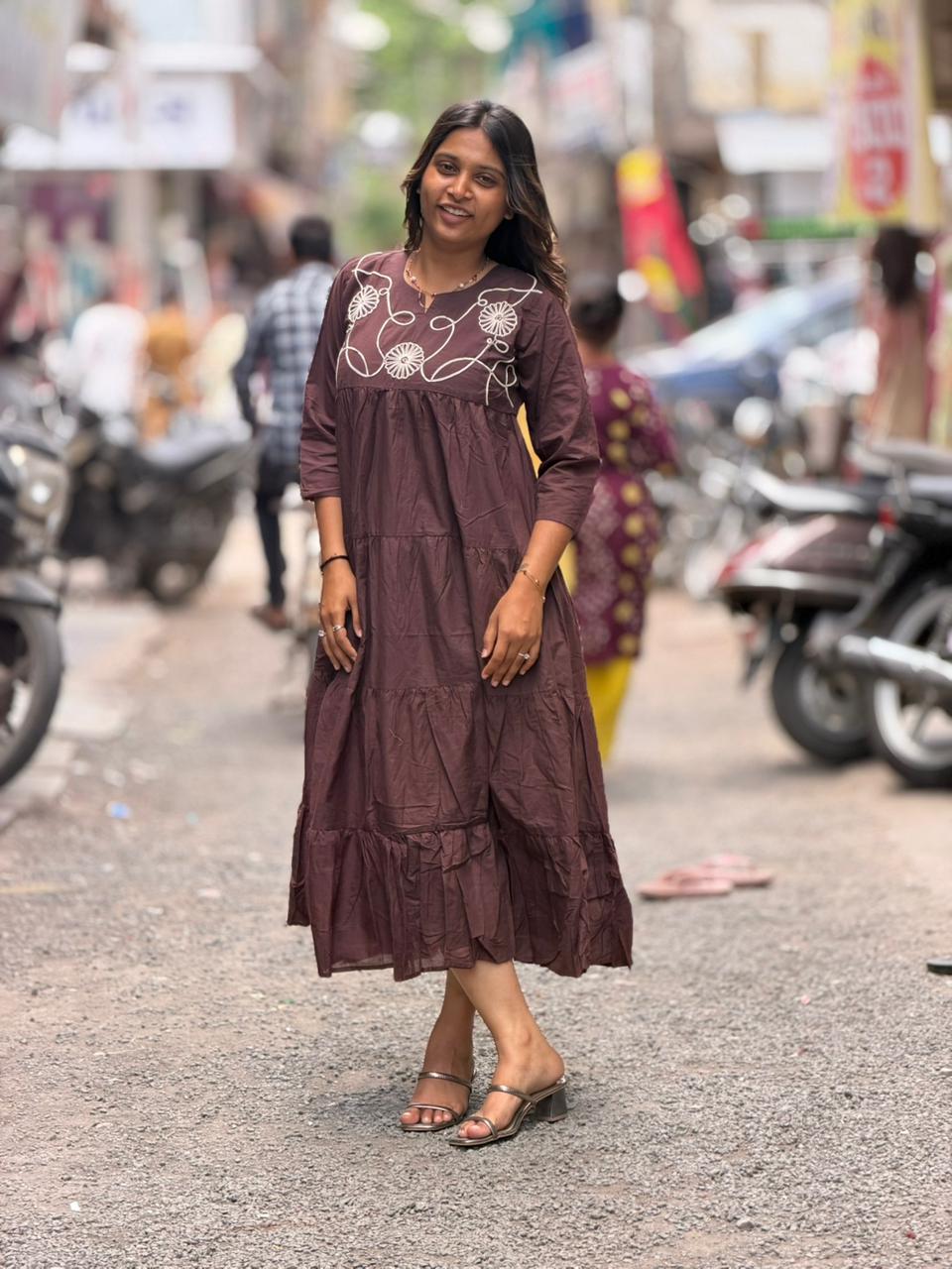 SHAGUN FASHION Cotton Tiered Long Dress with Beautiful Neck Embroidery