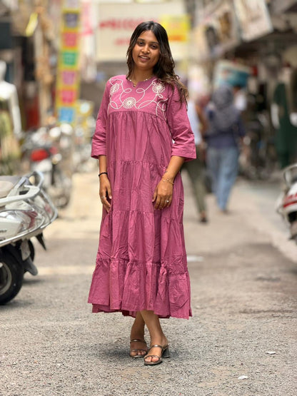 SHAGUN FASHION Cotton Tiered Long Dress with Beautiful Neck Embroidery