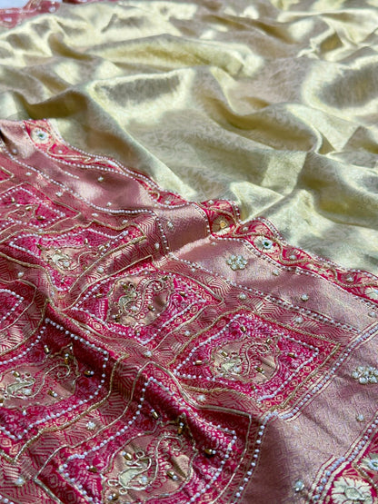 SHAGUN FASHION Luxury Banarasi Silk Saree with Heavy Handwork & Pearl Border